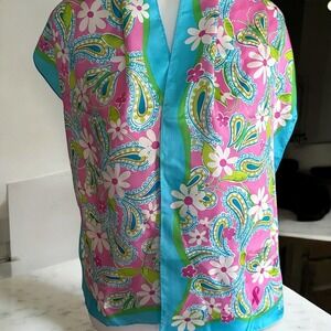 Lilly‎ Pulitzer Silk Scarf Pink Floral Paisley Ford 2004  Breast Cancer Ribbon